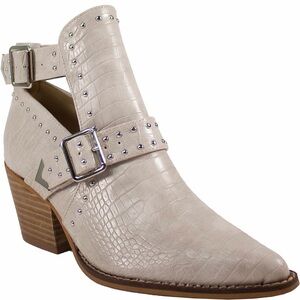Studded Croc-Texture Cutout Bootie in Light Beige